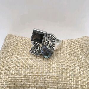 Vintage Sterling Silver 925 Abalone, Smokey Quartz & Marcasite Ring Size 6.5